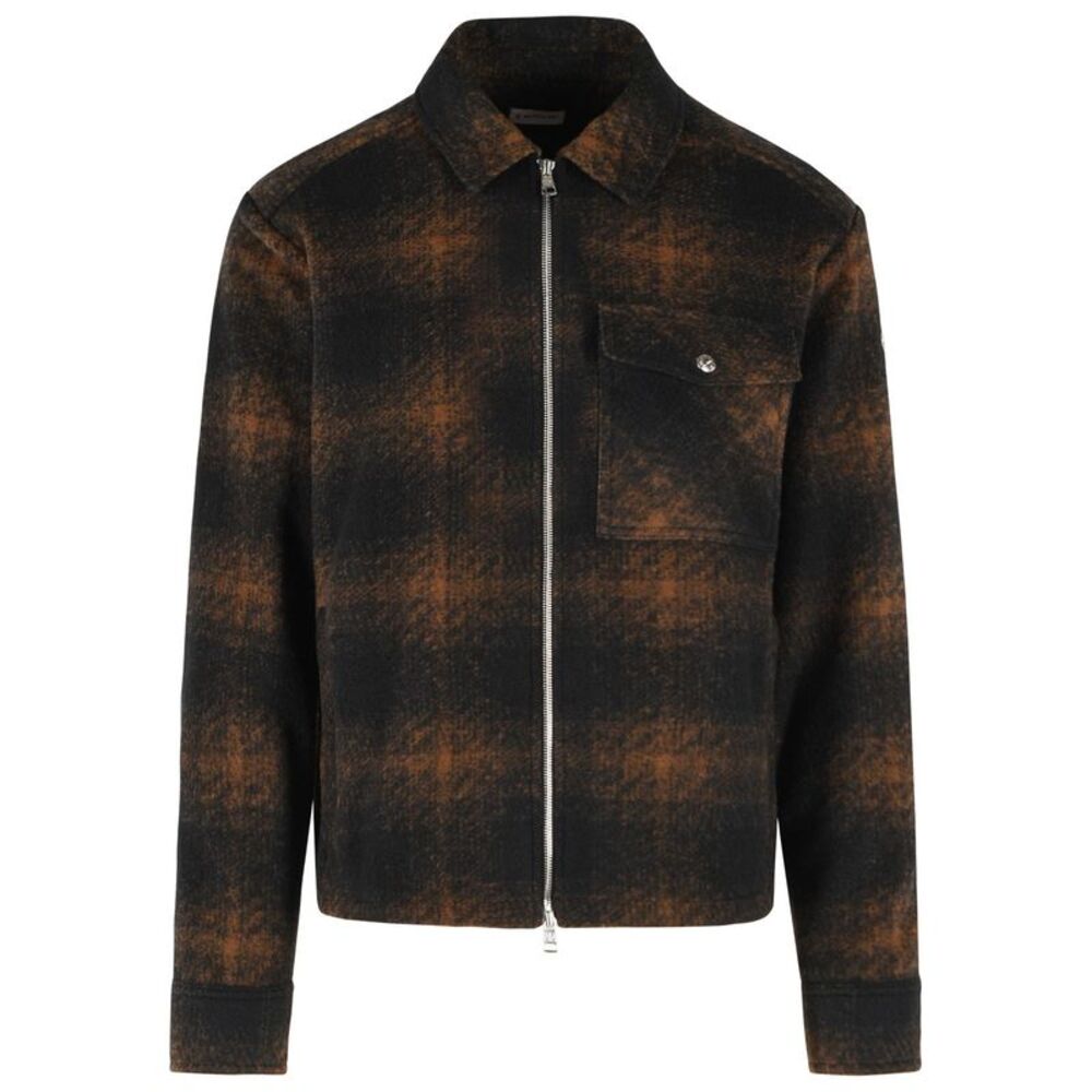 Moncler Brown And Black Check Wool Blend Jersey Zip Shirt Men